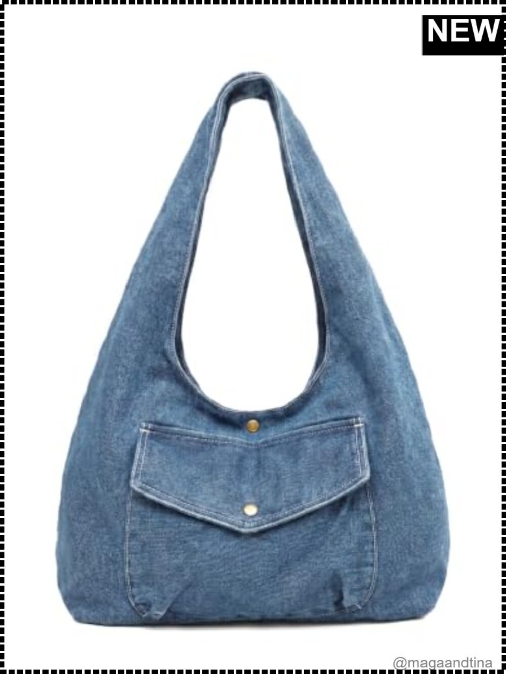 Denim Hobo Bag Large Capacity Reversible Tote Wide Strap Shoulder Purse